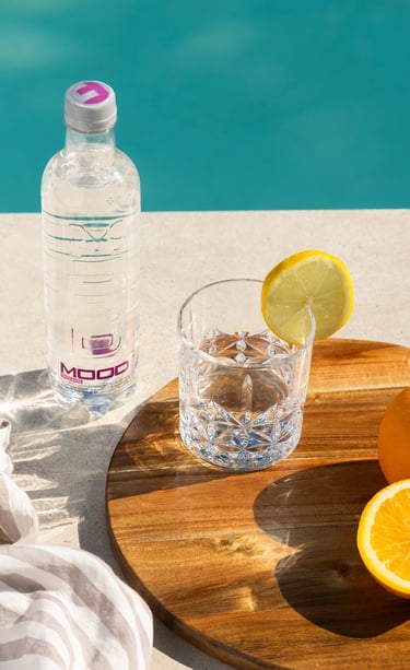 bottiglia d'acqua di design con bicchiere e limoni