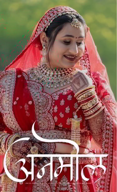 Stunning close-up of Indian bride looking down, flawless bridal makeup, heavy kundan jewelry and red