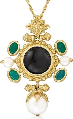 Italian Cultured Pearl, Black Onyx and Green Agate Pendant Necklace in 18kt Gold Over Sterling Silver
