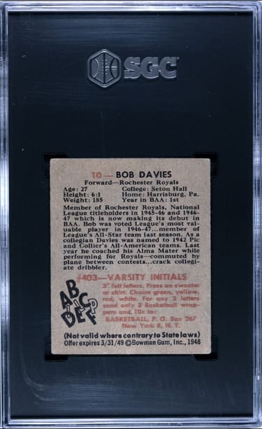 1948 Bowman #12 Bob Davies Rookie Card Back side