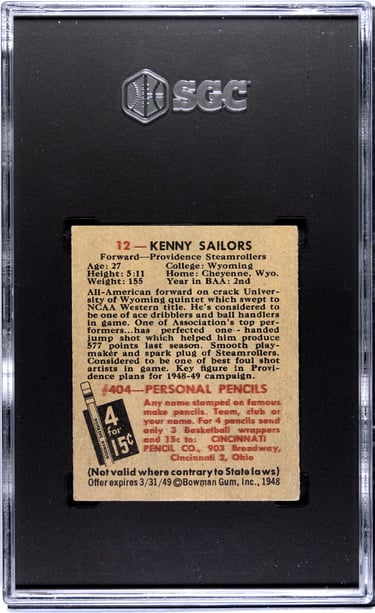 Back of Kenny Sailors 1948 Rookie Card
