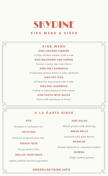 kids menu for private jet catering