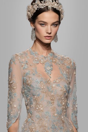 a model wearing a wedding dress made by  Embroidered and Beaded Lace Fabrics