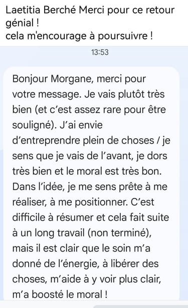 Screenshot of a positive French customer testimonial praising a therapist for mental well-being.