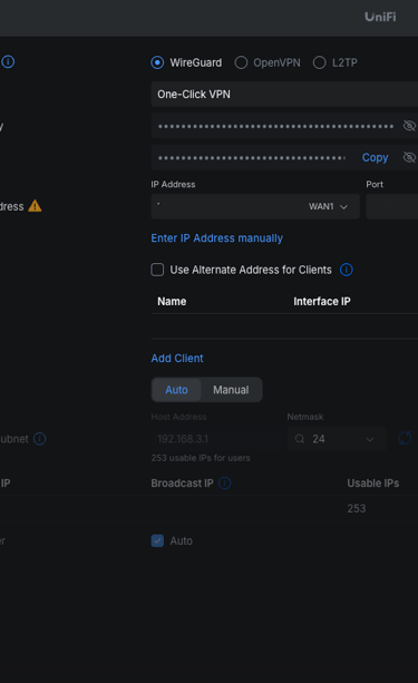 Instellingen menu van uniFi om een VPN-server te configureren.