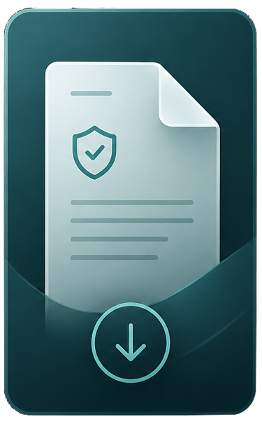 Icon representing a secure document download with a shield symbol and a downward arrow on a teal background.
