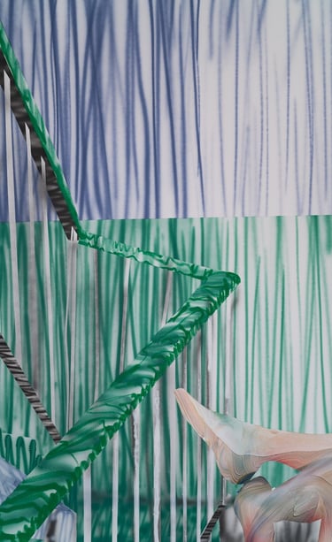 Abstract contemporary painting featuring layered green and blue vertical brushstrokes with geometric shapes.