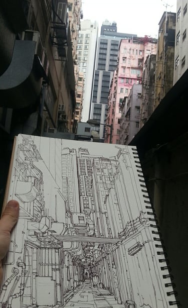 City sketch of Kowloon Hong Kong by artist Evgeny Bondarenko