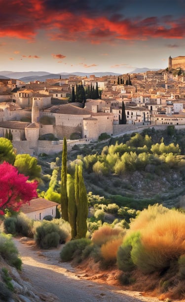 a scenic view of a town with a castle in the background