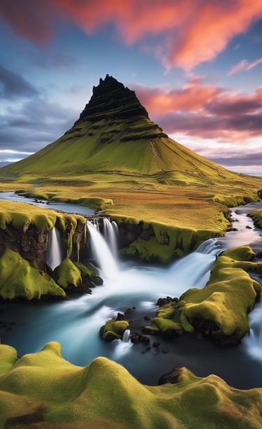 a mountain stream running through a valley with a mountain in the background