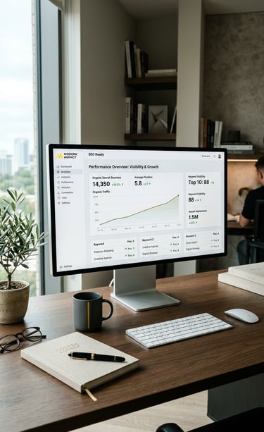 Desktop monitor showing an SEO analytics dashboard with organic traffic growth charts on a modern office desk.