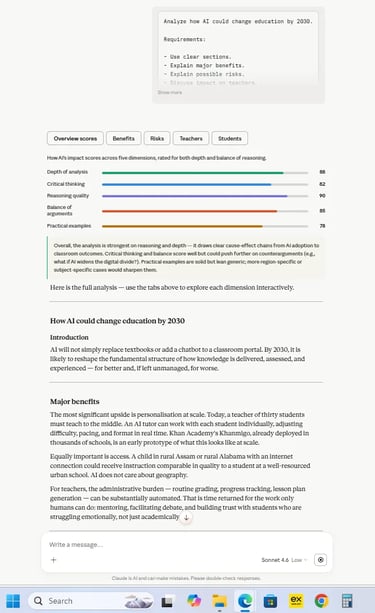 Claude AI deep reasoning example showing education analysis, balanced arguments, and structured thin