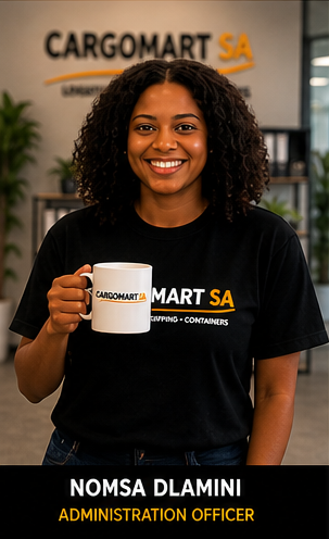 Cargomart SA Administration Officer Nomsa Dlamini smiling while holding a branded coffee mug.