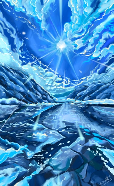 landscape art or painting with ice caped mountain and sun shining in sky