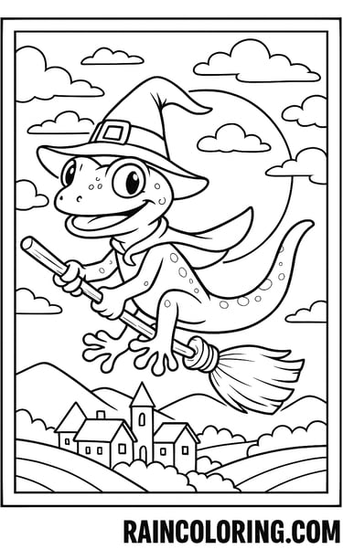 Gecko flying on a broom in halloween setting