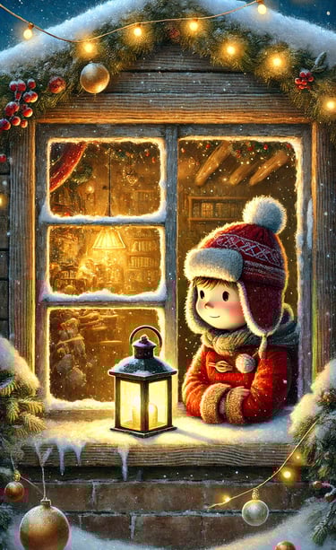 Alt text: Bambino che guarda fuori dalla finestra con una lanterna accesa, in una notte di Natale in