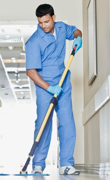 Rongzhiyue: Man cleaning floor in uniform