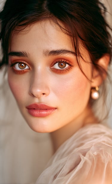 Fashion-inspired hair and makeup featuring soft cinematic lighting and timeless elegance.. 