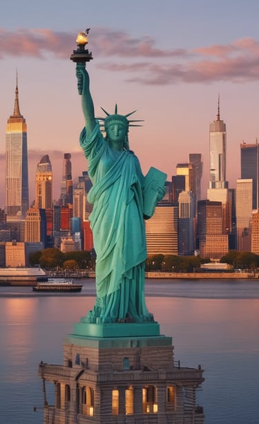 a statue of liberty in front of a city skyline