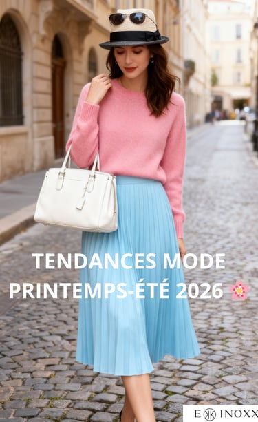 Lookbook mode printemps-été 2026, femme en tenue pastel élégante avec accessoires dorés tendance, st