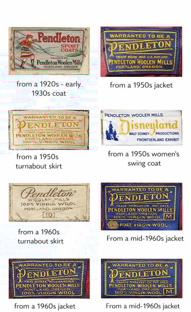 Vintage Pendleton Woolen Mills clothing labels guide featuring tags from 1920s to 1960s wool garments.