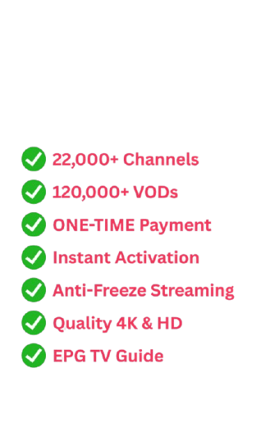 DROGON TV Checklist of IPTV features including 4K streaming, 22,000 channels, and EPG TV Guide.