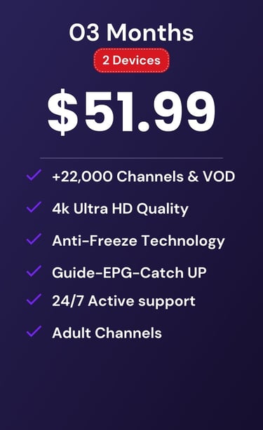 Pricing for 3 months of drogon tv-drogontv for 2 devices at $51.99 with 22,000 4K channels and VOD.