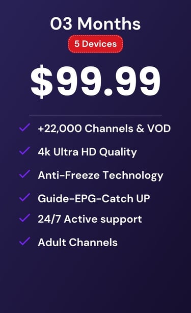 drogon tv-drogontv plan for 3 months and 5 devices featuring 22,000 channels in 4K Ultra HD quality.