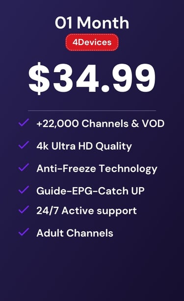 drogon tv plan for $34.99 per month featuring 22,000 channels, 4K Ultra HD, and 4 devices support.
