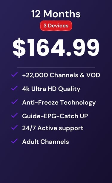 drogon tv plan for 12 months and 3 devices at $164.99 featuring 4K Ultra HD and 22,000 channels.
