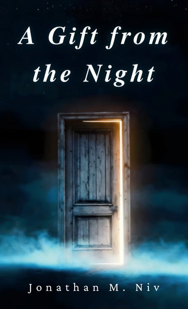 A glowing wooden door standing in misty blue light, surrounded by darkness.