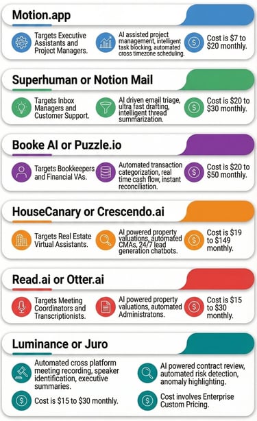 Comparison infographic of AI productivity tools for virtual assistants showing features and monthly pricing.