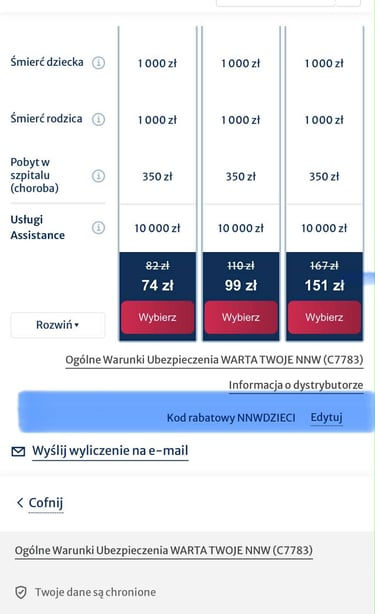 kalkulator ubezpieczenia nnw szkolnego warta z zaznaczonym miescem gdzie wpisac kod rabatowy