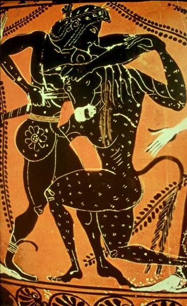 Theseus and the Minotaur on 6th-century black-figure pottery, Public Domain, commons.wikimedia.