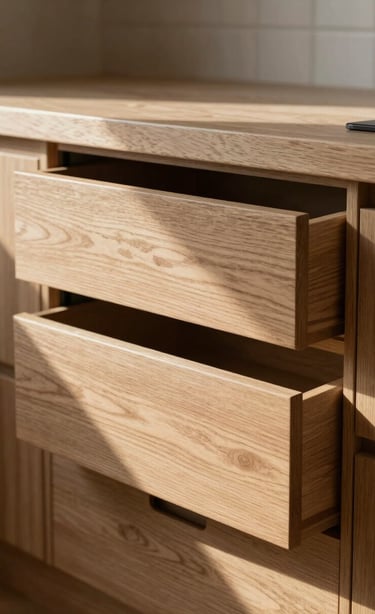 Close-up architectural view of a bespoke oak kitchen installation — drawer fronts flush to the wall, reveals at precise 2mm, natural north-facing daylight raking across the grain at a low angle, no people, no styling