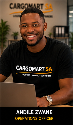 Smiling Cargomart SA operations officer Andile Zwane at a laptop in a logistics office.