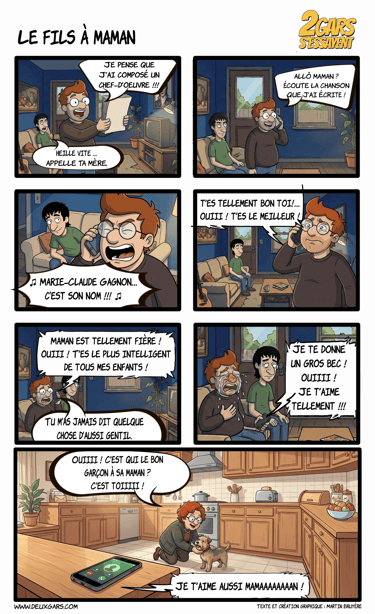A French comic strip titled Le fils à maman showing a man singing to his mother and her dog over the phone.