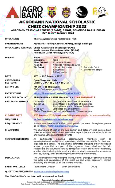 Agro Bank National Scholastic Chess Championship 2023. Malaysian Chess Federation. MCF Malaysia 