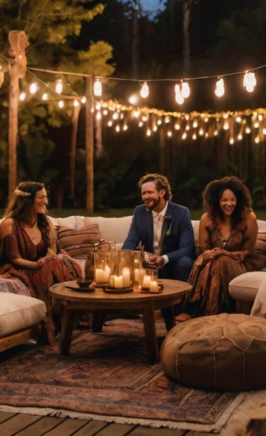 Mariés riant avec leurs proches dans un coin lounge chaleureux