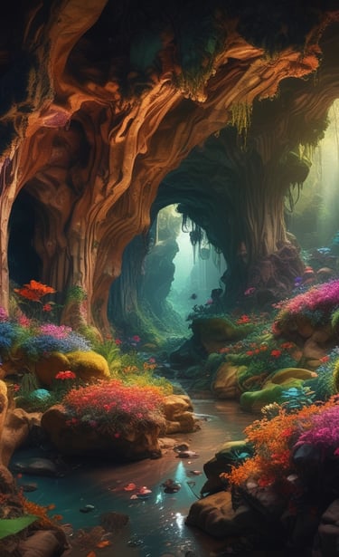 A cave filled with lots of rocks and water