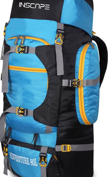 hiking bag with light blue and black color with yellow zippers and multiple pockets