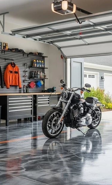 Garage with glossy, silver metallic epoxy floor, black slatwall storage system