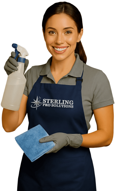 Professional cleaner in uniform, holding a spray bottle and cloth.