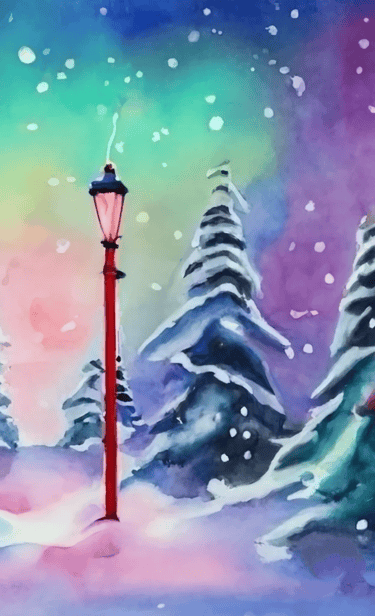Gen AI watercolor - Narnia in winter with lampost