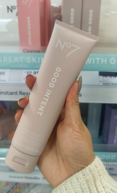 White text on taupe packaging of Boots No7 Good Intent Cloud Bounce Foam Cleanser