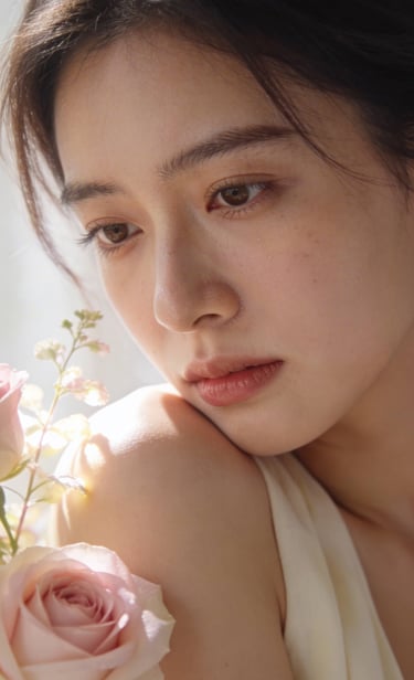 « Femme sensible et sereine contemplant une rose, image symbolique de guérison émotionnelle>>
