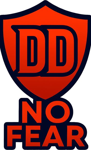 Red shield logo with the letters DD and No Fear text in bold typography.