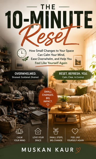 The 10-Minute Reset book cover by Muskan Kaur shows a messy room transforming into a clean, calm living space.