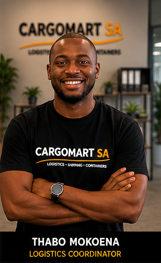 A smiling Thabo Mokoena, Logistics Coordinator at Cargomart SA, wearing a branded black shipping and containers t-shirt.