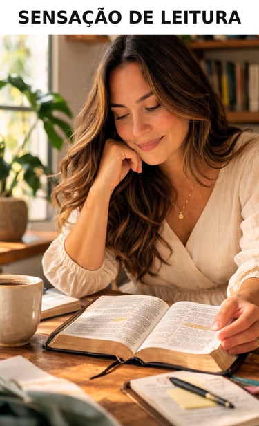 mulher lendo Bíblia feminina com sensação de leitura leve e confortável